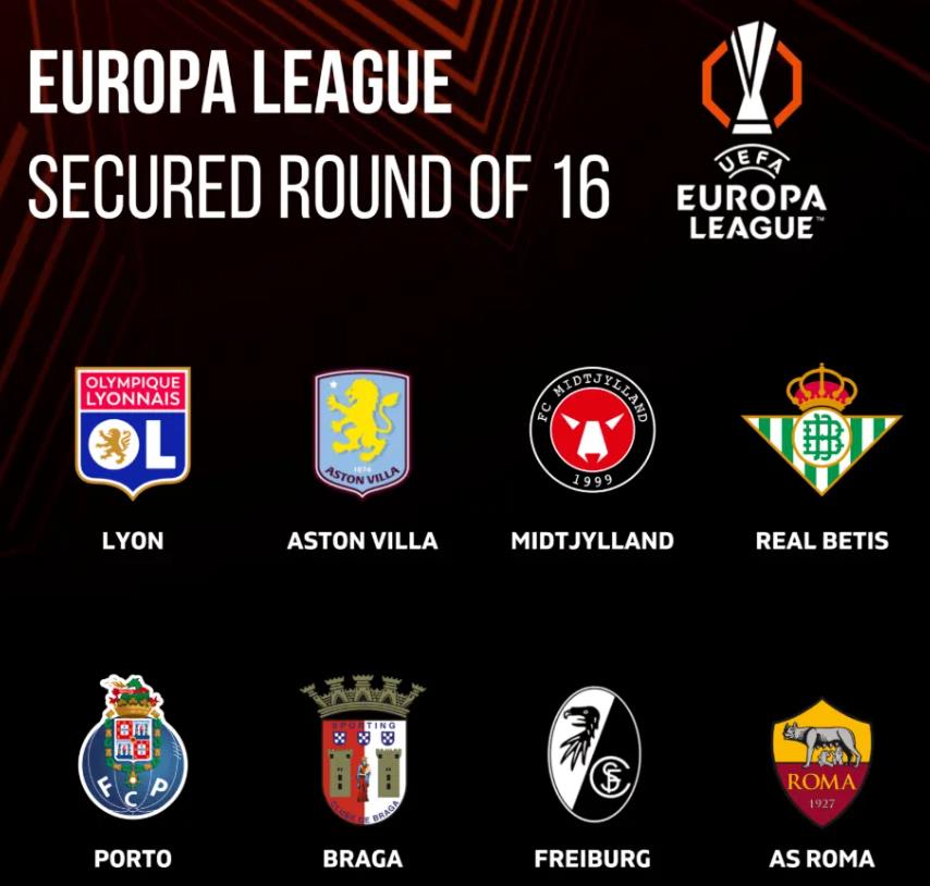 欧联16强已诞生直通的8席 里昂和皇家贝蒂斯等在列