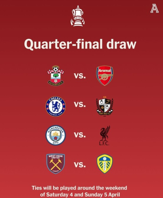 英足总杯八强对阵赛程时间 4月4日打响上演曼城与利物浦强强对话