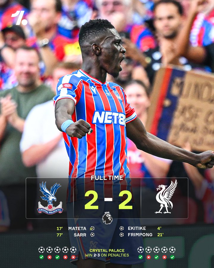 水晶宫总比分5-4击败利物浦捧起社区盾杯，年度已斩获两座冠军