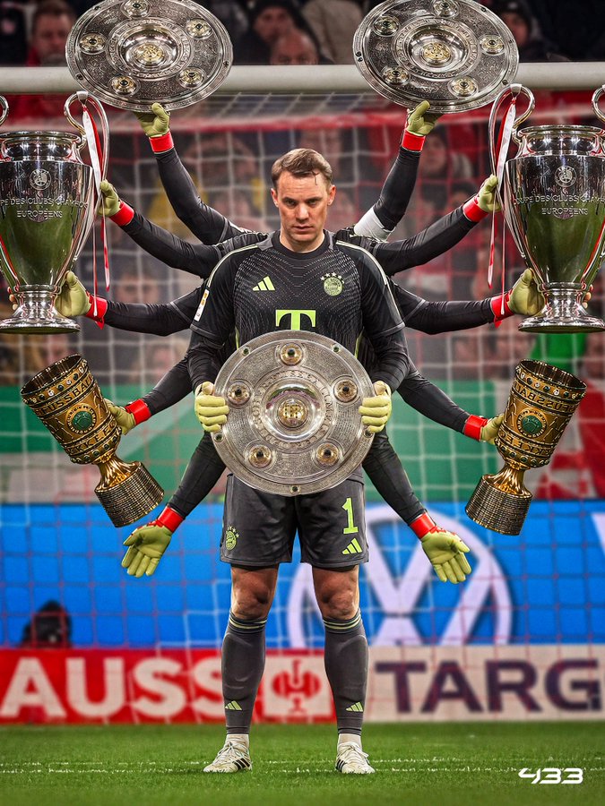 若本赛季能随拜仁加冕三冠，诺伊尔将成史上首位三度获三冠王球员