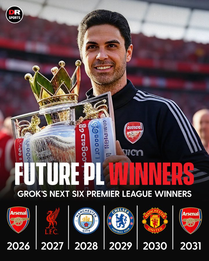 Grok预测未来6年英超冠军:阿森纳拿下两座,曼联也有一冠