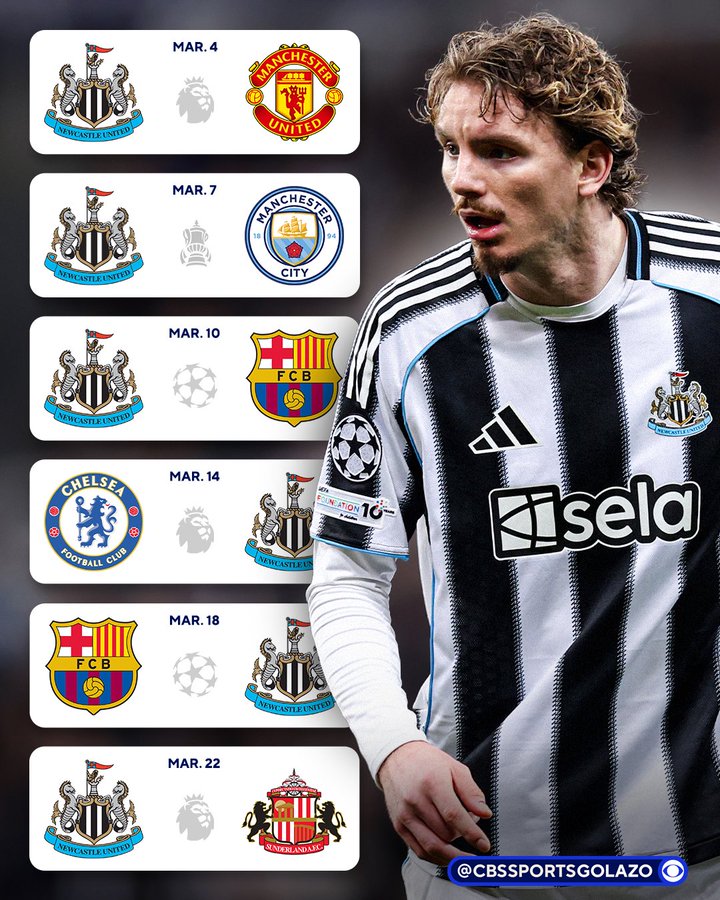 纽卡迎来3月魔鬼赛程：18天6赛，对手包括曼联曼城、巴萨蓝军