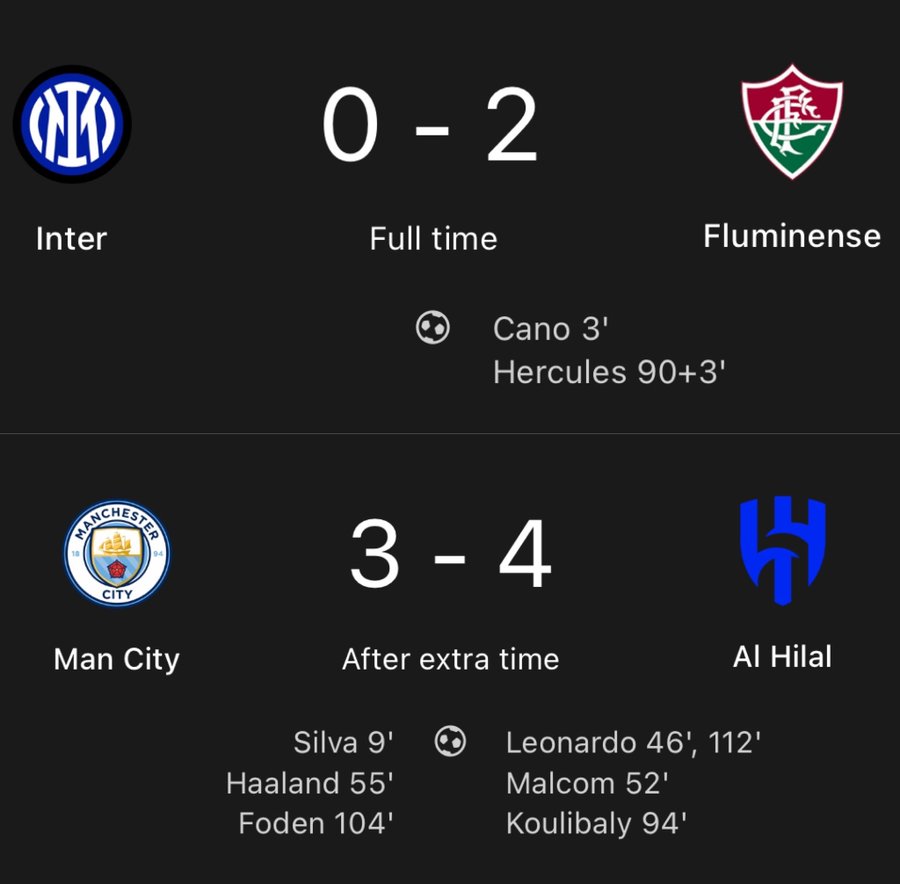 世俱杯大冷门一来就是俩--国米离开也就罢了，曼城竟然也输球了