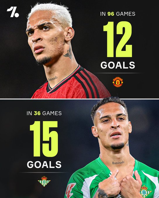 对比曼联时期96场12球的发挥，安东尼代表贝蒂斯36场15球