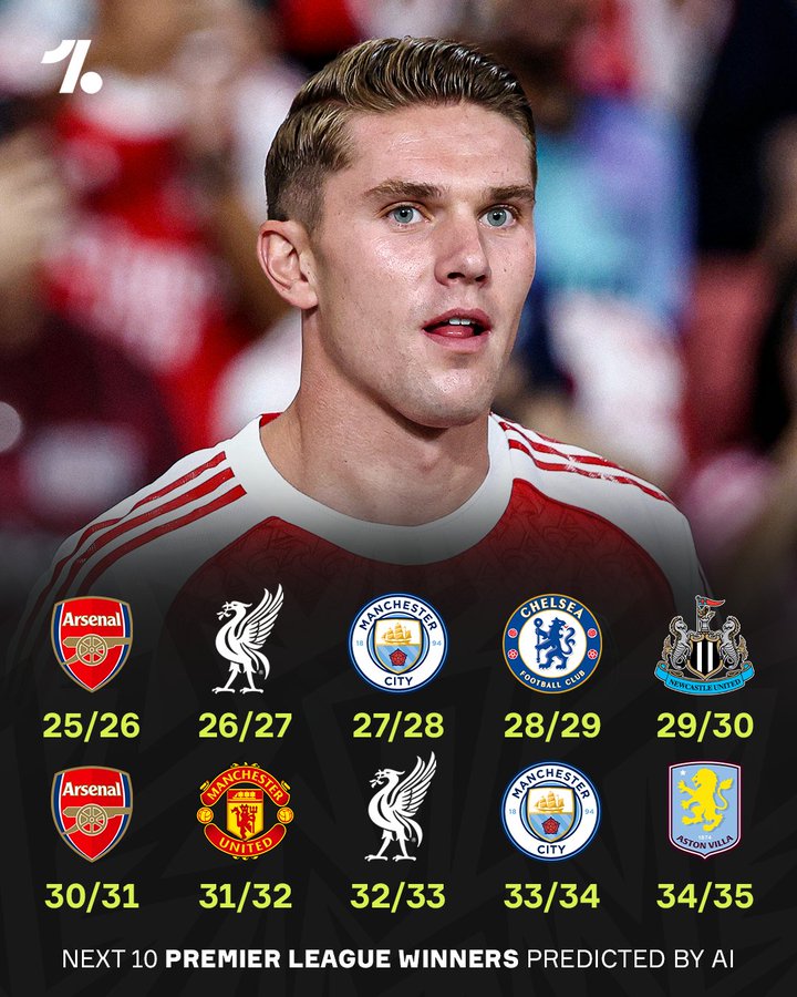 AI预测未来十年英超冠军：阿森纳，利物浦&曼城，各自获得两冠