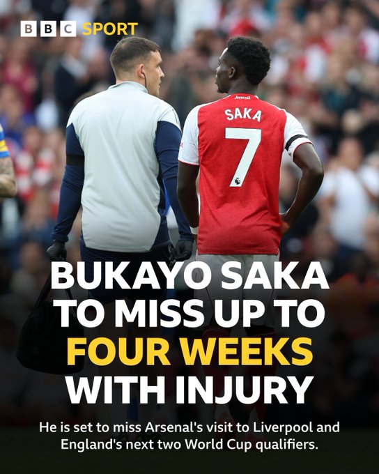 属实倒霉!阿森纳前锋萨卡因腿筋伤势,将缺阵3-4周的时间