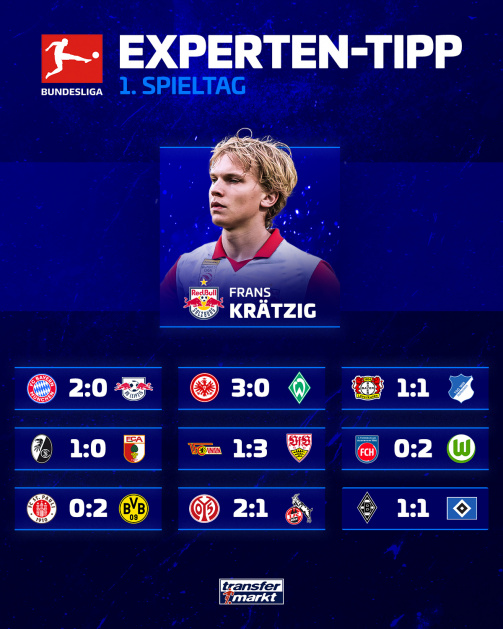 德转发布新赛季德甲首轮预测：拜仁2-0莱比锡，门兴1-1汉堡