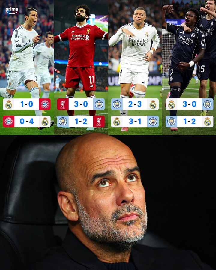 瓜迪奥拉生涯4次在欧冠被双杀出局，其中3次都是拜皇马所赐