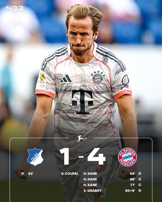 霍芬海姆1-4拜仁:凯恩帽子戏法,拜仁收获4连胜继续领跑德甲