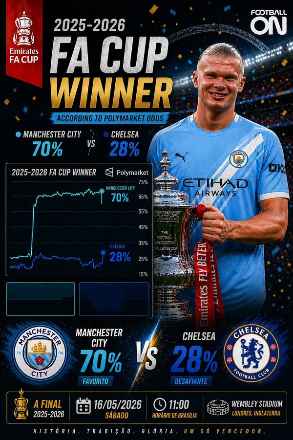 Polymarket发布足总杯预测：曼城夺冠概率高达70%