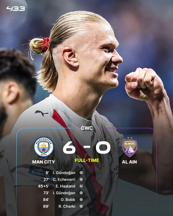 世俱杯战报：曼城6-0大胜艾尔艾因；携手尤文挺进淘汰赛征程