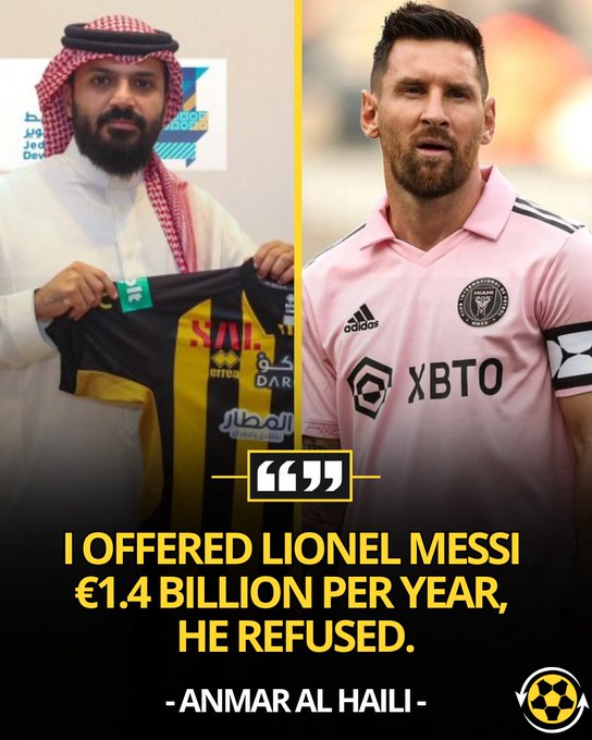 吉达联合主席：确实曾以年薪14亿欧元邀请梅西，但他拒绝了我们