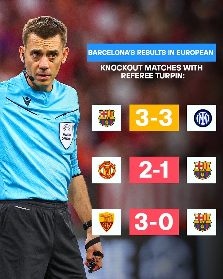 有点麻烦了!名哨蒂尔潘执法巴萨的欧战比赛时,1平2负没赢过