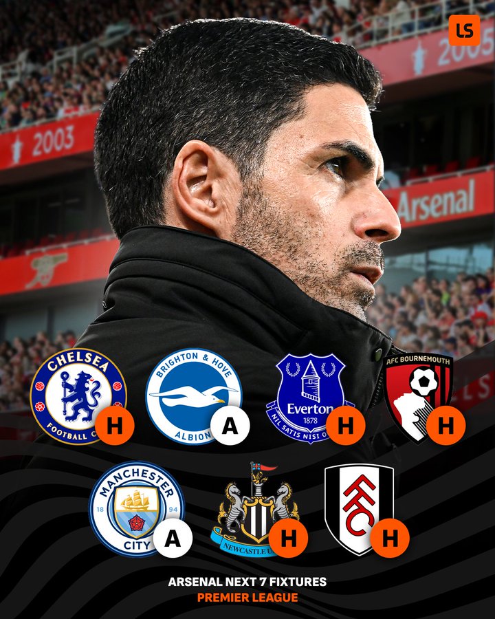 后7轮英超有5轮都是在主场，阿森纳再不提前夺冠真说不过去了