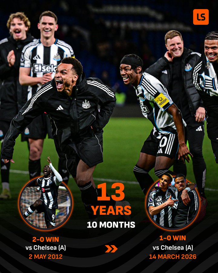 1-0客胜切尔西后，纽卡完成了队史第二次在斯坦福桥的赢球！