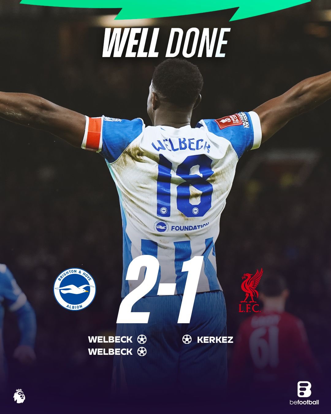 布莱顿2-1利物浦：维尔贝克梅开二度，利物浦遭遇联赛三轮不胜