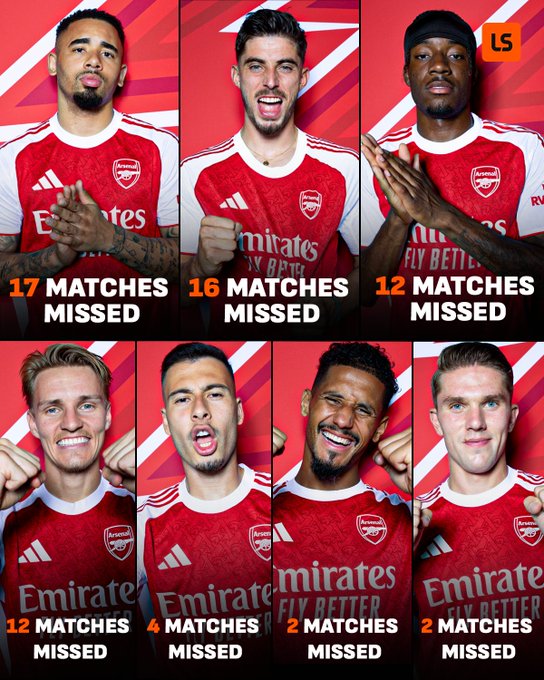 LS：伤病已成枪手最大阻碍，哈弗茨等7人平均缺席至少8场比赛