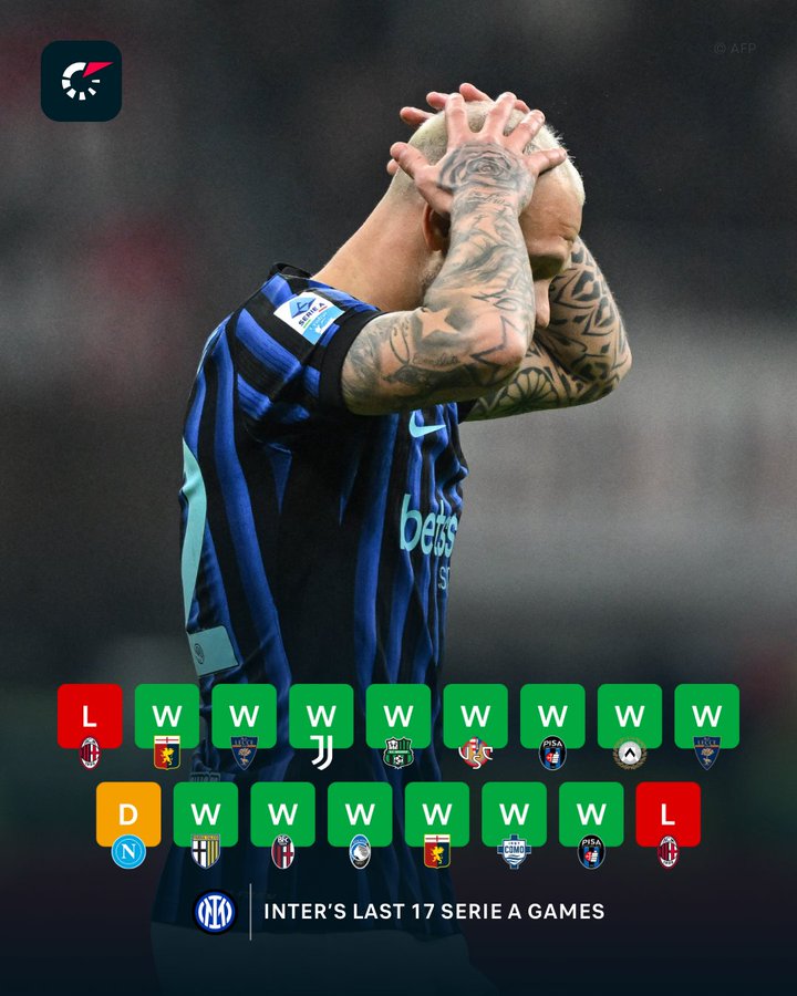 国米17场意甲14胜1平2负其实很好,但奈何硬仗都赢不下来