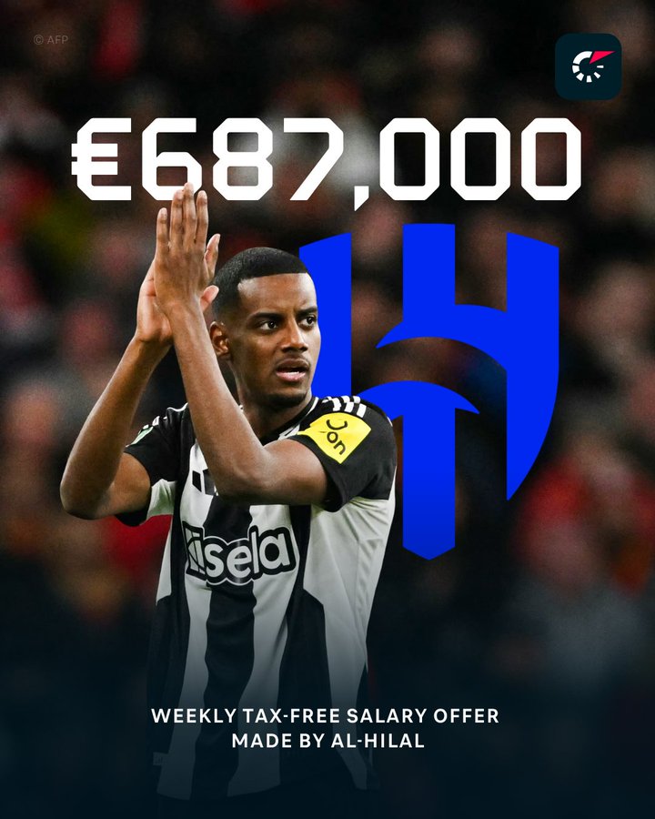 对钱无感吗？新月60万英镑的免税周薪诚邀伊萨克，但球员不想去