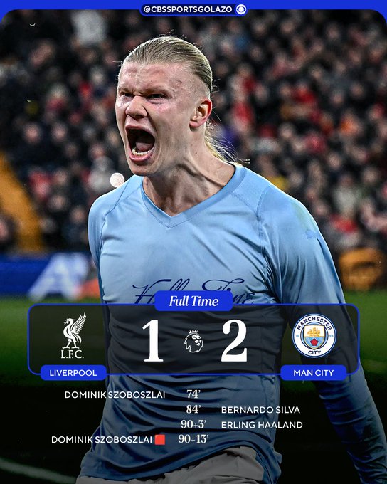 足坛战报：哈兰德补时点杀、曼城2-1利物浦；瓦伦0-2皇马