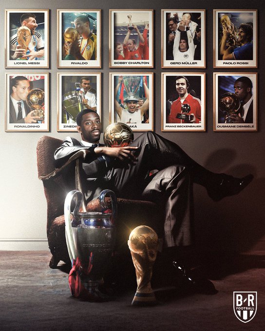 同时赢得世界杯、欧冠和金球的球员仅10人，登贝莱已然位列其中