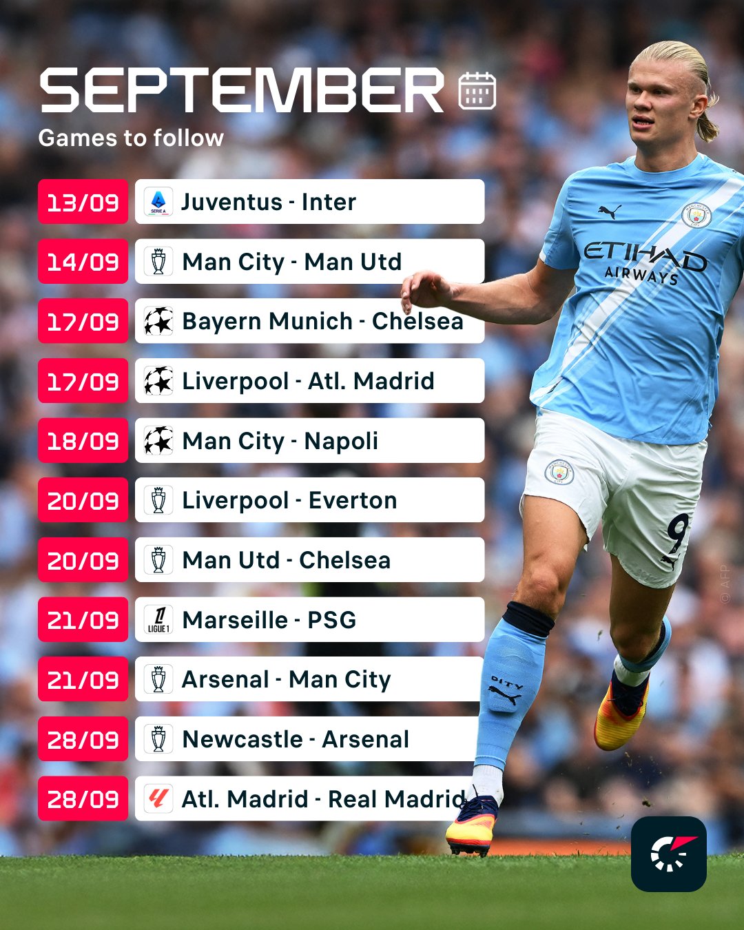 9月重点比赛一览：英超上演曼市德比；欧冠赛场拜仁迎战切尔西