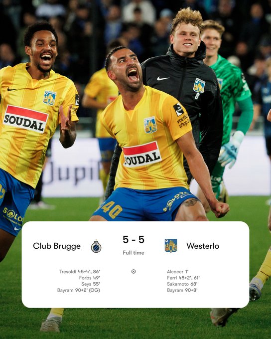 比甲第5轮布鲁日5-5韦斯特洛，平均9分钟1球的比赛真不多见