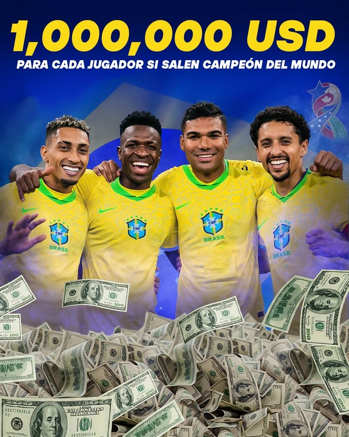 若巴西队在世界杯完成夺冠，球队每人将收到100万美元的奖金