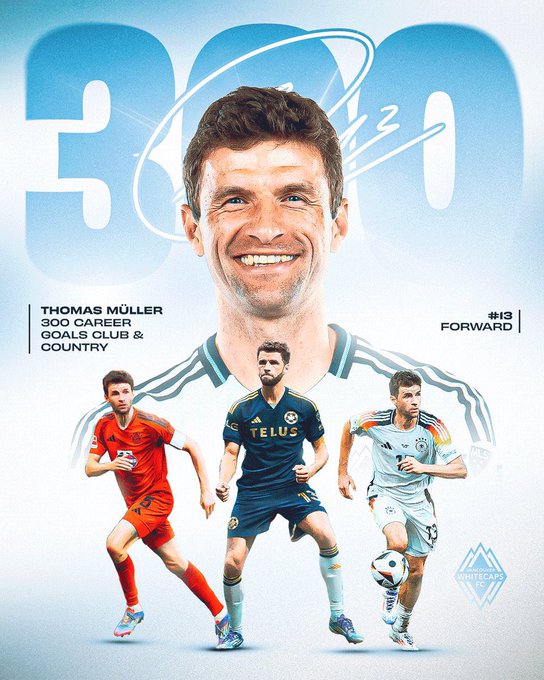 对阵温哥华FC的比赛中打进点球，穆勒生涯总进球数来到300球