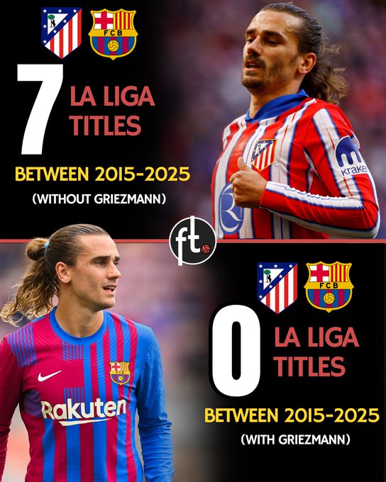 西甲克星？格里兹曼10年之内在马竞和巴萨错失7座联赛冠军