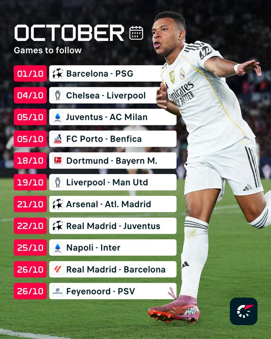 欧洲足坛十月赛历：利物浦vs曼城，西班牙国家德比纷纷上演