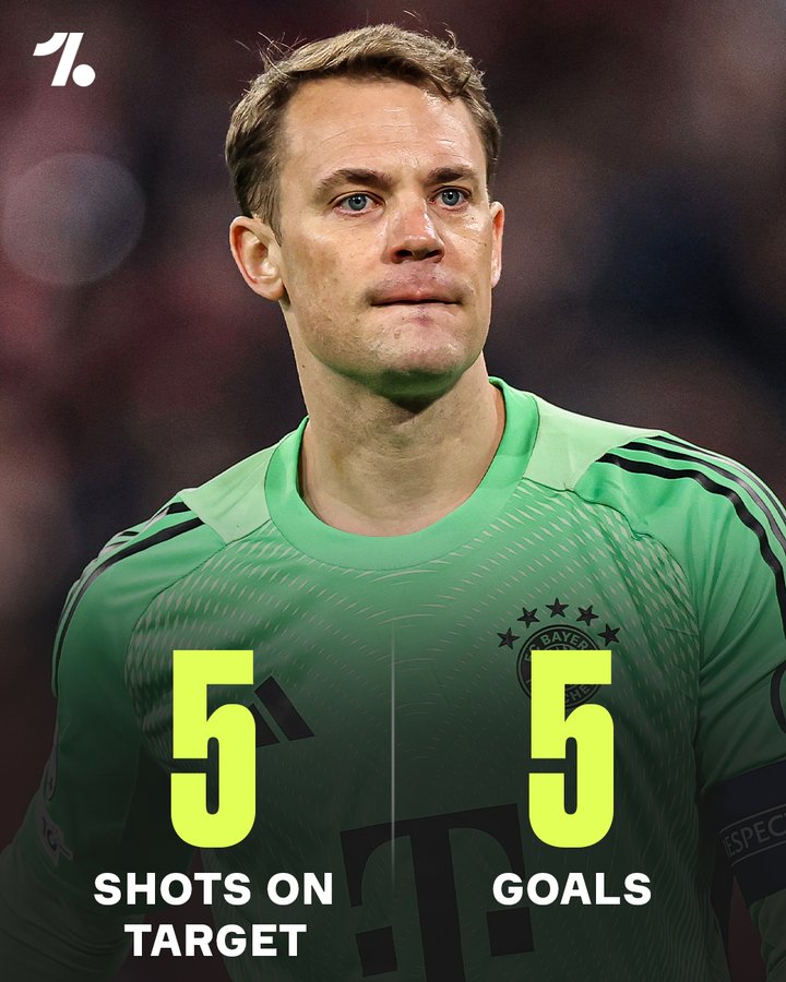 老了！巴黎全场仅5脚射门命中门框范围，但全部攻破诺伊尔十指关