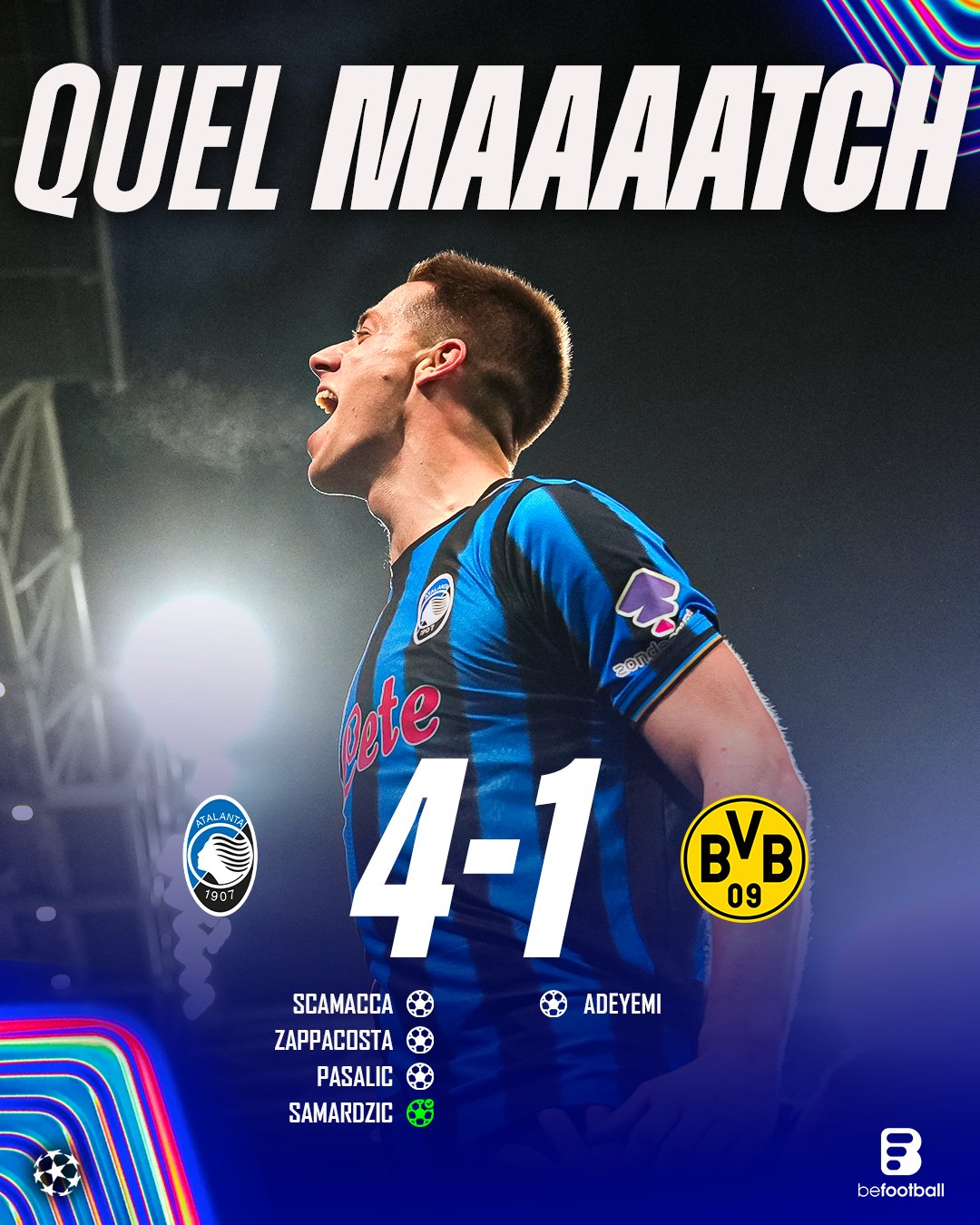 欧冠战况：亚特兰大上演大逆转，4-1读秒绝杀多特惊险晋级正赛