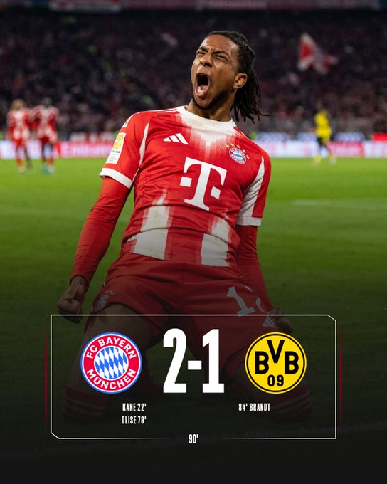 拜仁2-1多特:凯恩&奥丽塞各进一球,拜仁各项赛事11连胜